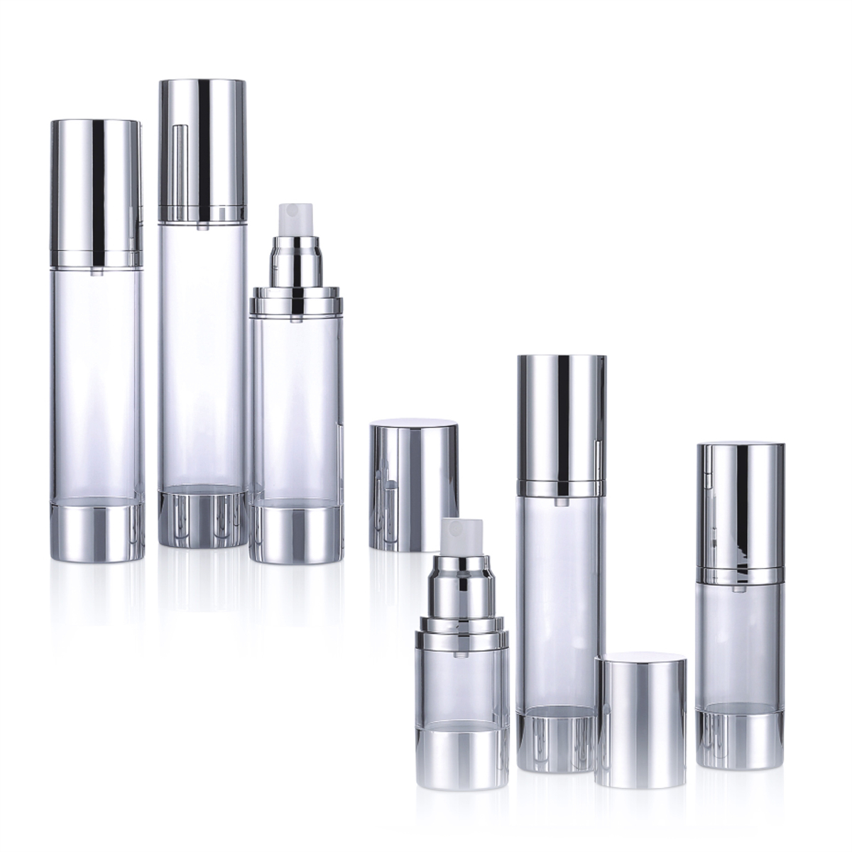 15ml 30ml 50ml 80ml 100ml 120ml ไม่หกรั่วไหลแบบโปร่งใสเครื่องสำอางเครื่องสำอางเครื่องปั๊มสุญญากาศที่มีฝาปิดเงิน L04 L04